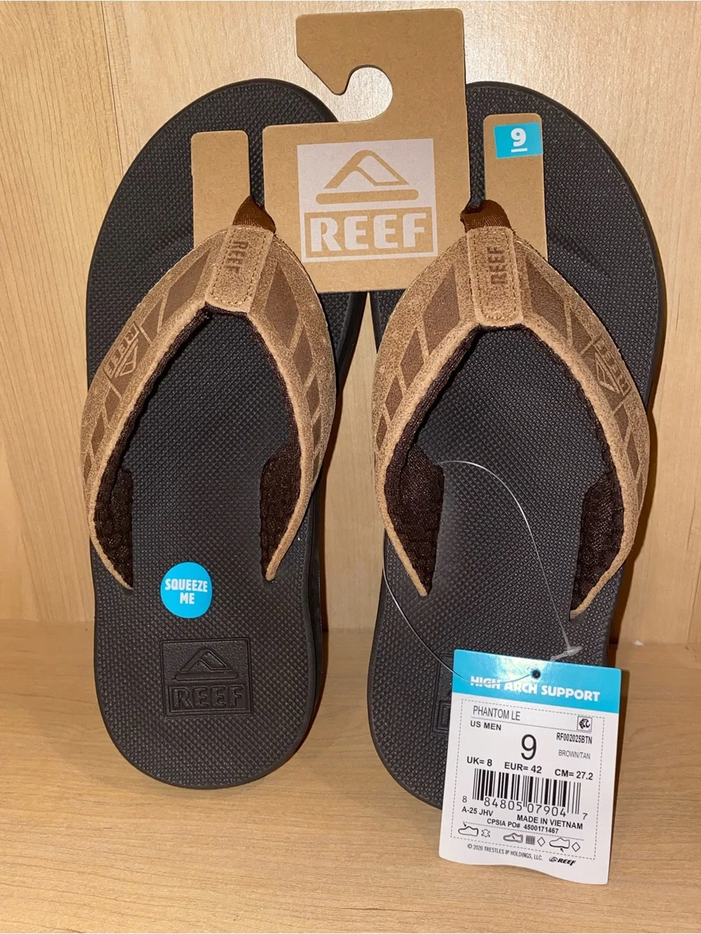 NWT Reef Men’s Phantom LE Brown Leather high arch Flip Flops Size 9